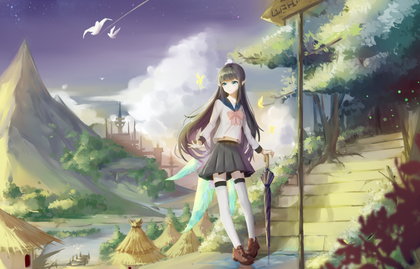 1girl bird black_skirt blue_eyes blue_sky brown_hair brown_shoes cccard closed_umbrella clouds dock elf fairy highres long_hair mountain original outdoors pointy_ears school_uniform shoes signpost skirt sky stairs standing thigh-highs umbrella uniform very_long_hair water white_legwear