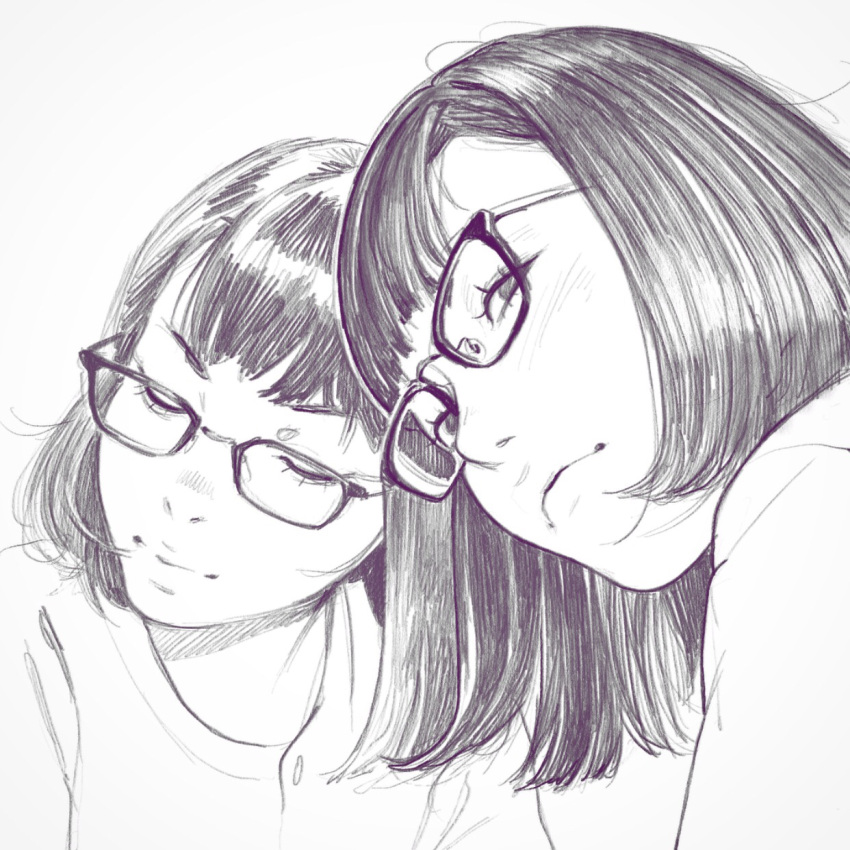 1girl closed_eyes glasses greyscale highres ilya_kuvshinov looking_at_viewer monochrome multiple_girls original reflection short_hair simple_background sketch solo