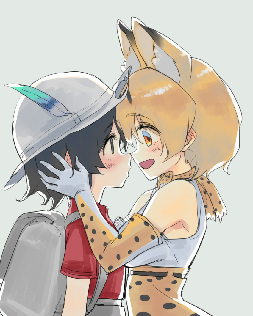 2girls animal_ears backpack bag belt blackblades blush bucket_hat elbow_gloves eye_contact face-to-face fur_collar gloves grey_background hands_on_another's_head hat hat_feather high-waist_skirt highres kaban_(kemono_friends) kemono_friends looking_at_another multiple_girls noses_touching orange_eyes red_shirt serval_(kemono_friends) serval_ears serval_print shirt skirt sleeveless upper_body