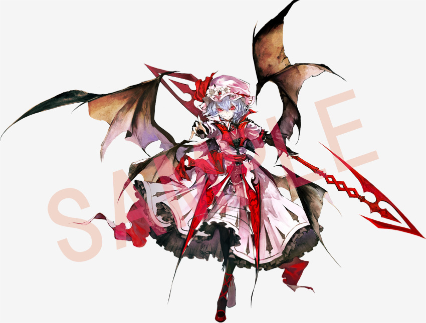 1girl banpai_akira bat_wings black_legwear blue_hair commentary_request dress fingernails full_body hat holding holding_weapon koumajou_densetsu legs_crossed long_fingernails mob_cap outstretched_hand pantyhose pink_dress polearm puffy_sleeves red_eyes red_shoes remilia_scarlet sample shoes solo spear spear_the_gungnir standing touhou vampire weapon wings