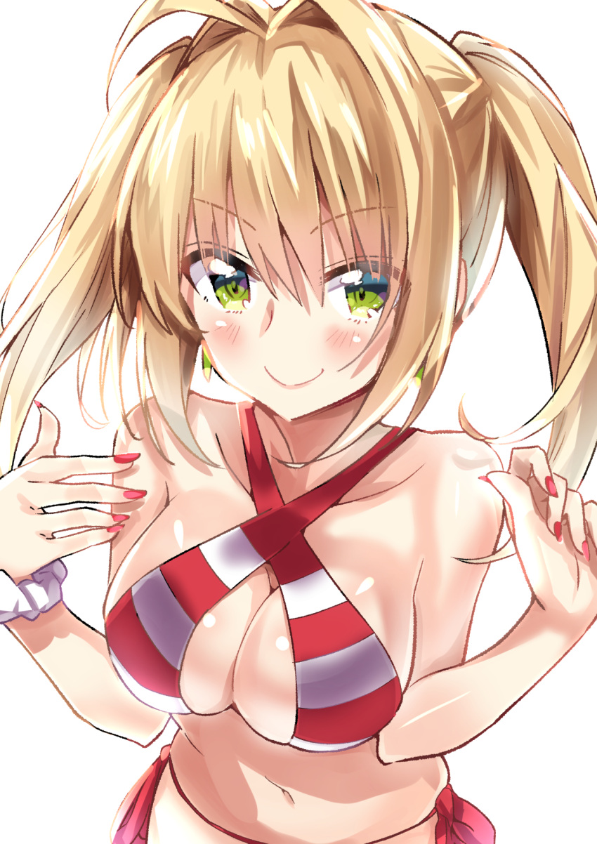 10s 1girl ahoge bikini blonde_hair blush breasts earrings fate/extra fate/grand_order fate_(series) green_eyes hair_intakes halterneck highres jewelry large_breasts long_hair looking_at_viewer nail_polish nanakusa_amane navel nero_claudius_(swimsuit_caster)_(fate) pink_nails scrunchie side-tie_bikini smile solo striped striped_bikini swimsuit twintails wrist_scrunchie