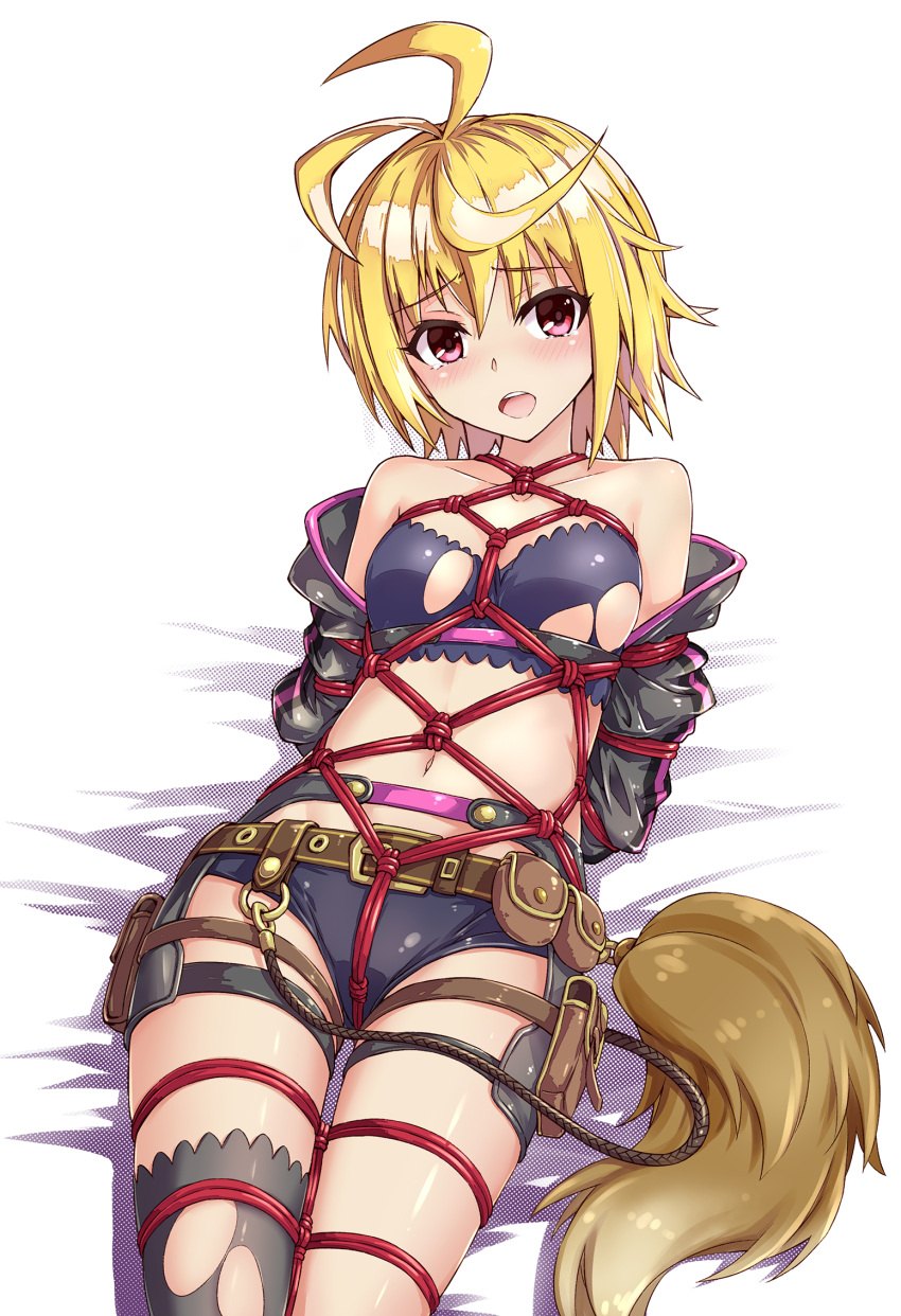 1girl a4typhoon ahoge arms_behind_back bandeau bangs bare_shoulders belt black_legwear blonde_hair blush bondage breasts charm_(object) collarbone eyebrows_visible_through_hair hair_between_eyes highres jacket kai-ri-sei_million_arthur looking_at_viewer lying million_arthur_(series) navel on_back open_clothes open_jacket open_mouth pouch shibari shibari_over_clothes short_hair short_shorts shorts sidelocks single_thighhigh small_breasts solo teeth thigh-highs thigh_strap torn_clothes touzoku_arthur