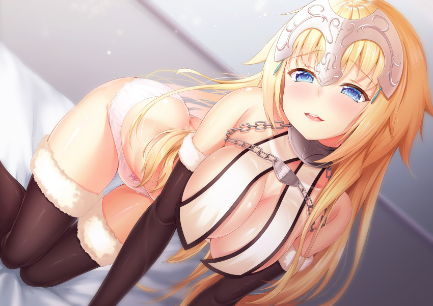 1girl all_fours black_gloves black_legwear blonde_hair blue_eyes blush bow bow_panties breasts butt_crack chains elbow_gloves fate/apocrypha fate/grand_order fate_(series) fur_trim gloves half-closed_eyes highres large_breasts long_hair looking_at_viewer panties parted_lips pink_panties ruler_(fate/apocrypha) smile solo thigh-highs thighs underwear white_panties zuizhong