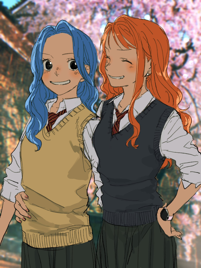 2girls alternate_costume blue_hair blurry blurry_background blush cherry_blossoms closed_eyes collared_shirt commentary_request earrings hand_on_another's_hip hand_on_own_hip highres jewelry long_hair long_sleeves looking_at_another multiple_girls nami_(one_piece) necktie nefertari_vivi one_piece orange_hair orange_nails outdoors parted_lips pearl_earrings pleated_skirt red_necktie school_uniform shirt single_sidelock skirt sleeves_rolled_up smile sweater_vest upper_body urasanmyaku watch watch wavy_hair white_shirt