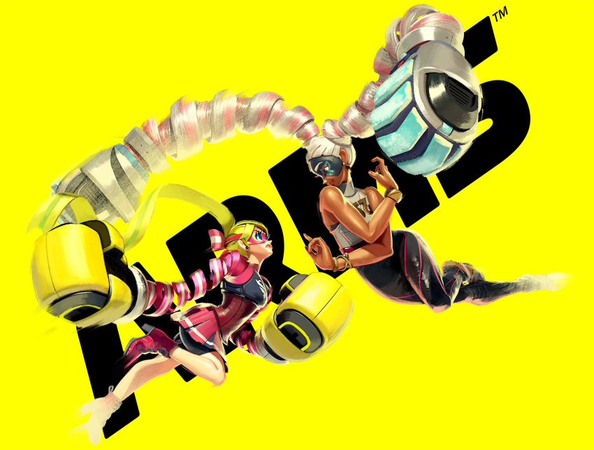 2girls arms_(game) bracelet chilla_(arms) dark_skin domino_mask drill_hair eye_contact fighting highres jewelry looking_at_another mask multiple_girls nintendo official_art ribbon_girl_(arms) shorts_under_skirt skirt smile sparky_(arms) twin_drills twintails twintelle_(arms) yellow_background