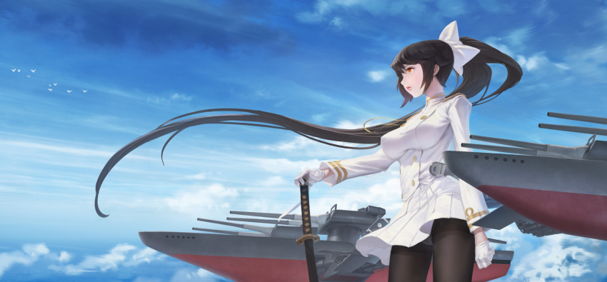 1girl aiguillette azur_lane battleship bird black_hair bow breasts clouds double-breasted from_side gloves hair_bow hair_flaps highres holding holding_sword holding_weapon katana large_breasts military military_uniform military_vehicle miniskirt panties panties_under_pantyhose pantyhose ponytail puyoakira ribbon ship skirt sky sword takao_(azur_lane) thigh-highs thighband_pantyhose underwear uniform warship water watercraft weapon white_bow white_gloves white_ribbon white_skirt