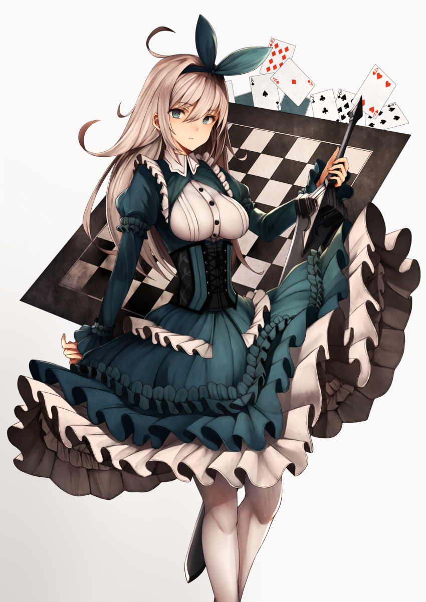 1girl bangs blonde_hair blue_bow blue_dress blue_eyes blue_hairband blue_ribbon bow breasts buttons card chessboard commentary_request corset dress eyebrows_visible_through_hair framed_breasts frilled_dress frills gothic_lolita grey_background hair_between_eyes hair_bow hairband highres holding holding_sword holding_weapon inaba_sunimi lolita_fashion long_hair long_sleeves medium_breasts original parted_lips puffy_long_sleeves puffy_sleeves revision ribbon shirt sidelocks simple_background solo standing sword weapon white_legwear white_shirt