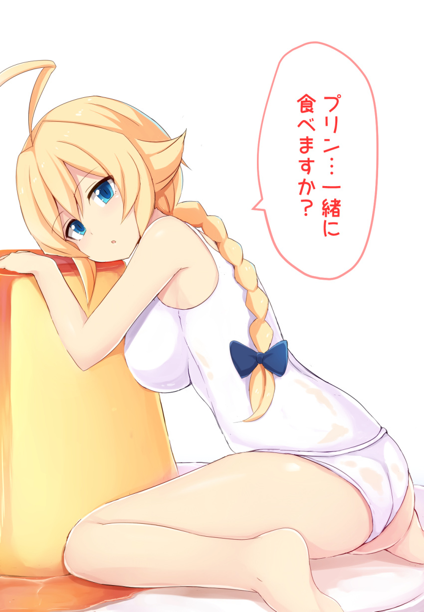 1girl :o ahoge ass bangs bare_arms bare_legs bare_shoulders barefoot blazblue blonde_hair blue_bow blue_eyes bow braid breasts commentary_request creme_caramel es_(xblaze) eyebrows_visible_through_hair food hair_bow hair_flaps highres huge_ahoge large_breasts leaning_on_object long_hair looking_at_viewer looking_to_the_side ocha_(ochappie) one-piece_swimsuit oversized_object plate pudding simple_background single_braid sitting solo speech_bubble swimsuit talking tongue tongue_out translation_request wariza white_background white_swimsuit xblaze xblaze_code:_embryo
