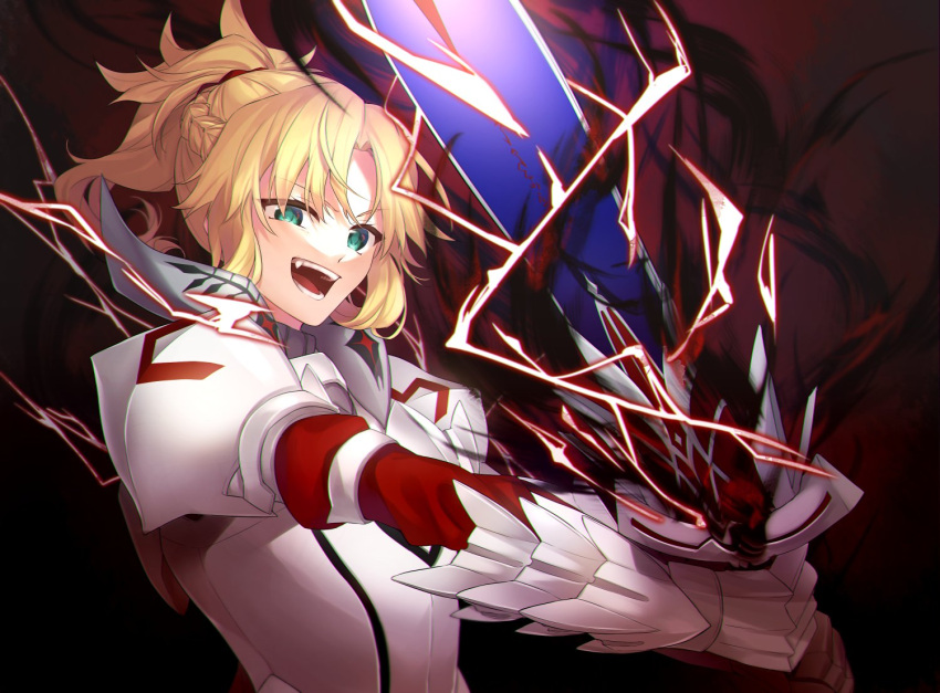 1girl armor blonde_hair citron_82 clarent fate/apocrypha fate_(series) long_hair looking_at_viewer open_mouth ponytail saber_of_red smile solo sword weapon