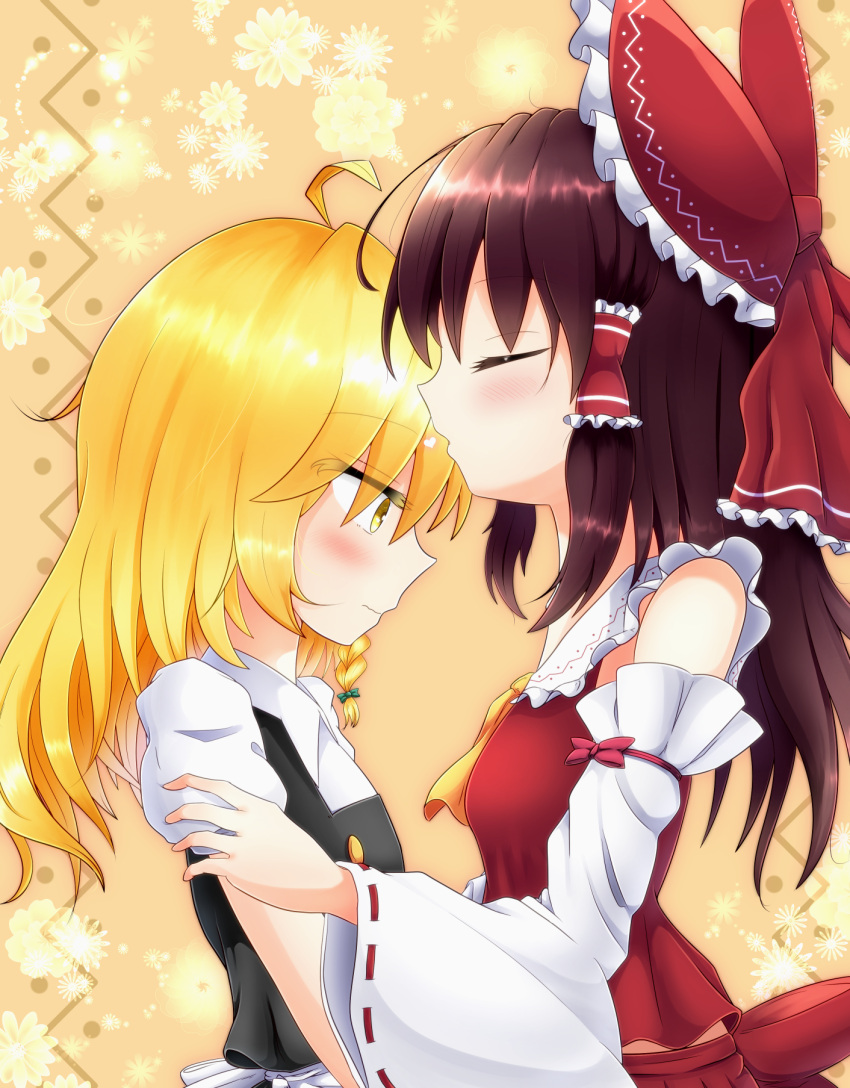 2girls ahoge bare_shoulders blonde_hair blush braid breasts brown_hair chocolate_hair closed_eyes detached_sleeves flat_chest forehead_kiss hakurei_reimu height_difference highres kirisame_marisa kiss long_hair looking_down medium_breasts multiple_girls no_hat no_headwear profile puffy_short_sleeves puffy_sleeves rankasei short_sleeves side_braid single_braid skirt skirt_set touhou wavy_mouth yuri