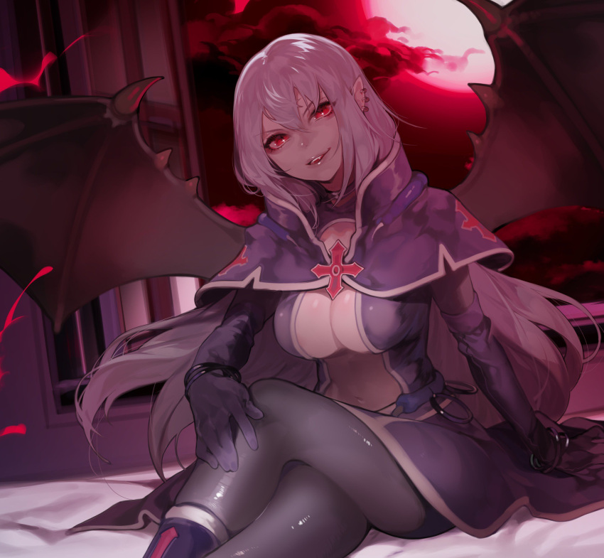 &gt;:) 1girl bangs bat_wings blue_gloves breasts clouds ear_piercing earrings elbow_gloves feet_out_of_frame gloves grin hand_on_own_knee head_tilt highres jewelry large_breasts legs legs_crossed long_hair looking_at_viewer moon night night_sky on_bed open_clothes open_window pantyhose parted_lips piercing pink_hair red_eyes red_moon sitting sky smile solo spread_wings vampire window wings wntame yu-gi-oh!