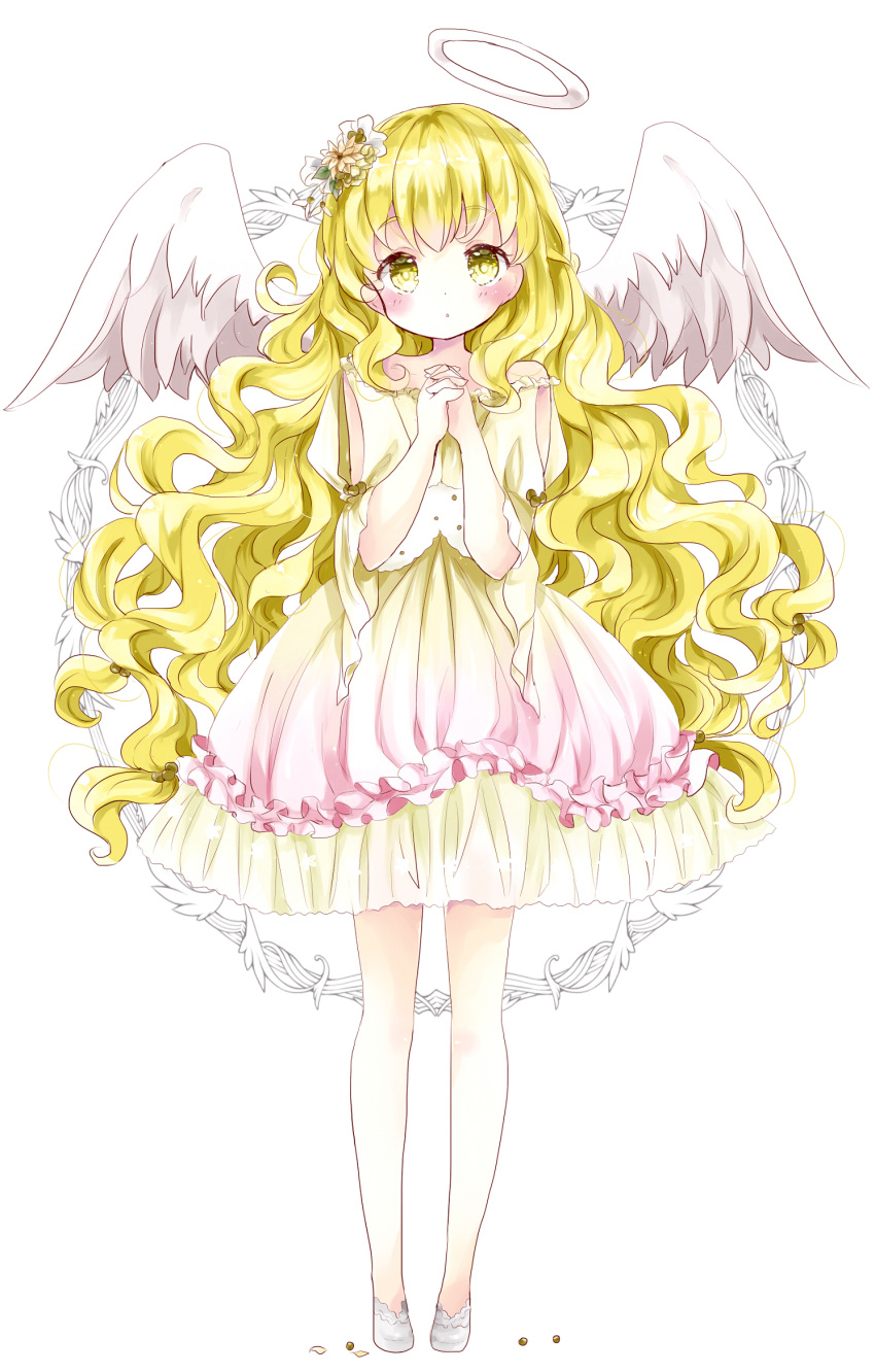 1girl :o angel_wings blonde_hair blush dress eyebrows_visible_through_hair feathered_wings flower full_body gradient_dress hair_bobbles hair_flower hair_ornament halo head_tilt highres long_hair looking_at_viewer low-tied_long_hair no_socks original parted_lips pink_dress praying shoes short_dress short_sleeves simple_background solo standing tsukiyo_(skymint) very_long_hair wavy_hair white_background white_shoes white_wings wings yellow_dress yellow_eyes