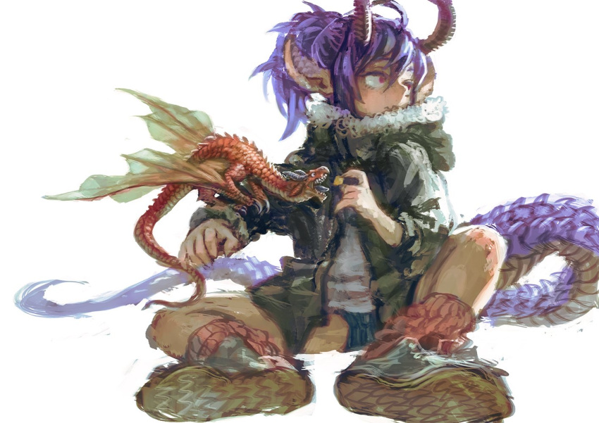 1girl ahoge animal_on_arm bangs blue_hair commentary_request dragon dragon_girl dragon_horns dragon_tail eating food hair_between_eyes holding holding_food horns jacket jon_taira long_sleeves looking_to_the_side open_clothes open_jacket open_mouth pointy_ears ponytail red_eyes shirt shoes simple_background sitting tail white_background white_shirt