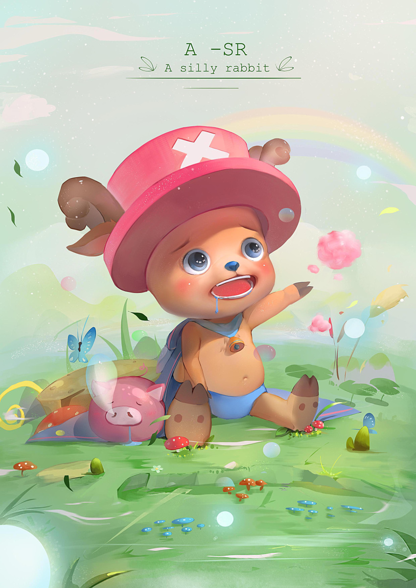 1boy absurdres animal antlers blue_eyes butterfly cape drooling full_body hat highres liuzexiong male_focus mushroom navel no_humans one_piece open_mouth pig rainbow solo tony_tony_chopper