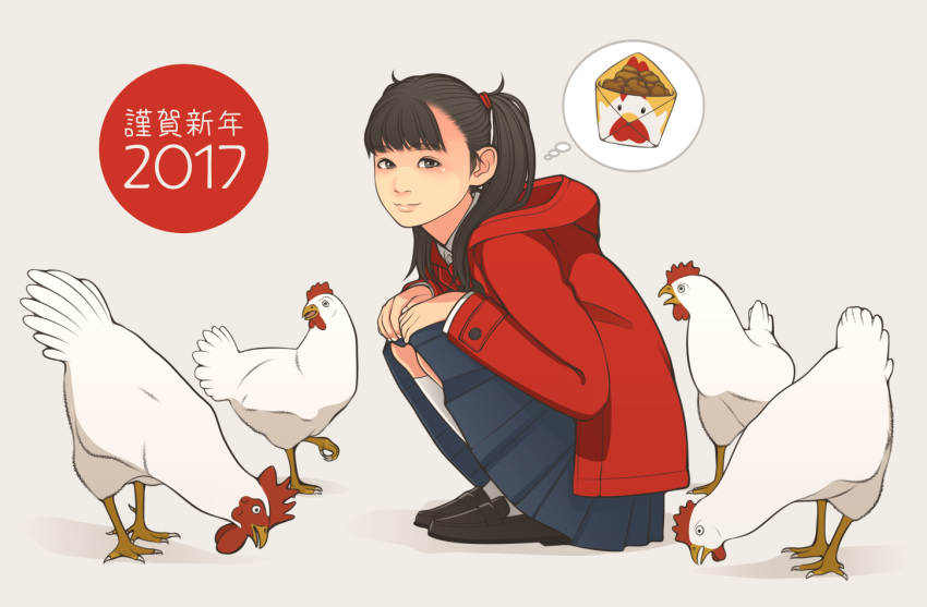 1girl 2017 animal bird black_eyes black_hair chicken chicken_nuggets coat duffel_coat food from_side hands_on_own_knees imagining kneehighs loafers looking_at_viewer original pleated_skirt red_coat shinchou_ni_kansuru_kousatsu shoes skirt smile solo squatting thought_bubble twintails year_of_the_rooster