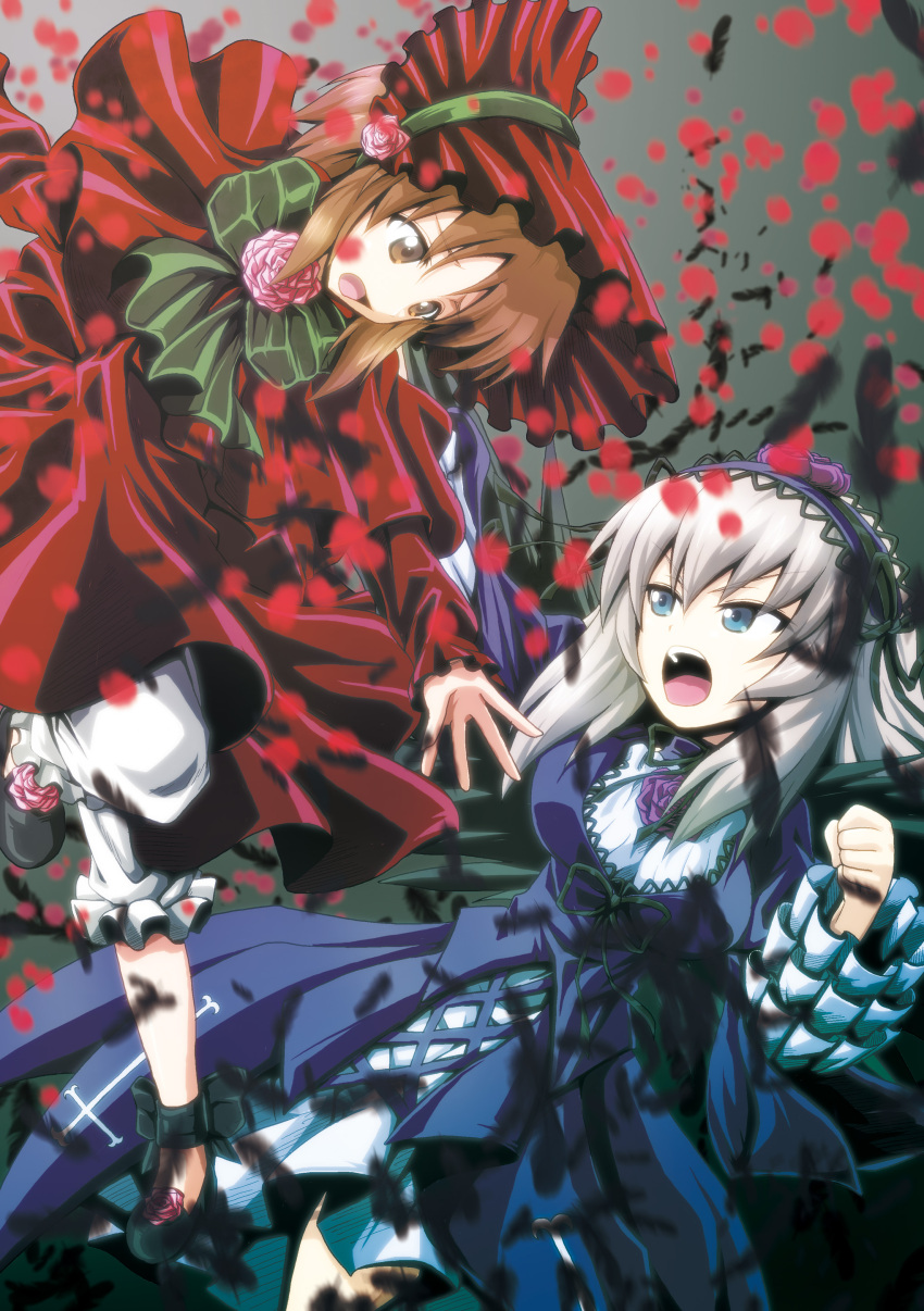 2girls absurdres bangs black_shoes bloomers blue_eyes blurry commentary_request cosplay depth_of_field dress eyebrows_visible_through_hair feathers fighting flying girls_und_panzer gothic_lolita hat headdress highres itsumi_erika kamishima_kanon lolita_fashion long_dress long_hair long_sleeves looking_at_another motion_blur multiple_girls nishizumi_miho open_mouth petals purple_dress red_dress red_hat rose_petals rozen_maiden shinku shinku_(cosplay) shoe_flower shoes short_hair silver_hair standing suigintou suigintou_(cosplay) underwear