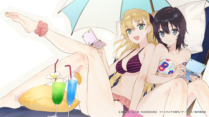 10s 2girls :d ankle_scrunchie arm arm_at_side arm_support bandeau bare_arms bare_legs bare_shoulders barefoot beach_umbrella bikini black_hair blonde_hair breasts cleavage closed_mouth cocktail collarbone drink drinking_straw feet female floral_print flower food fruit gamers! green_eyes grey_eyes hair_between_eyes halftone hand_up handheld_game_console happy highres holding hoshinomori_chiaki knee_up knees_up leg_up legs lily_(flower) long_hair looking_at_viewer medium_breasts midriff multiple_girls navel neck nintendo nintendo_dsi official_art open_mouth orange orange_slice parasol pillow print_bikini print_swimsuit purple_bikini purple_swimsuit red_scrunchie scrunchie short_hair side-by-side sitting smile strapless strapless_bikini strapless_swimsuit striped striped_bikini striped_swimsuit swimsuit takekono tendou_karen watermark white_flower