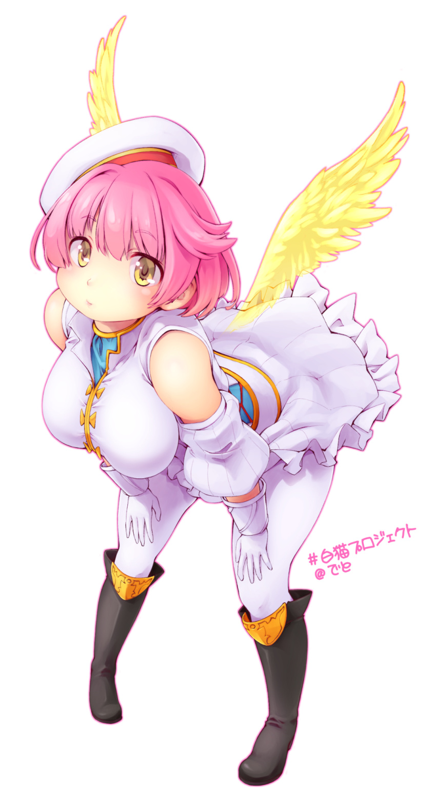 1girl bare_shoulders boots breasts brown_eyes deto dress gloves hands_on_own_knees hat highres large_breasts leaning_forward light_smile pink_hair shironeko_project short_hair simple_background solo white_background white_dress white_gloves wings