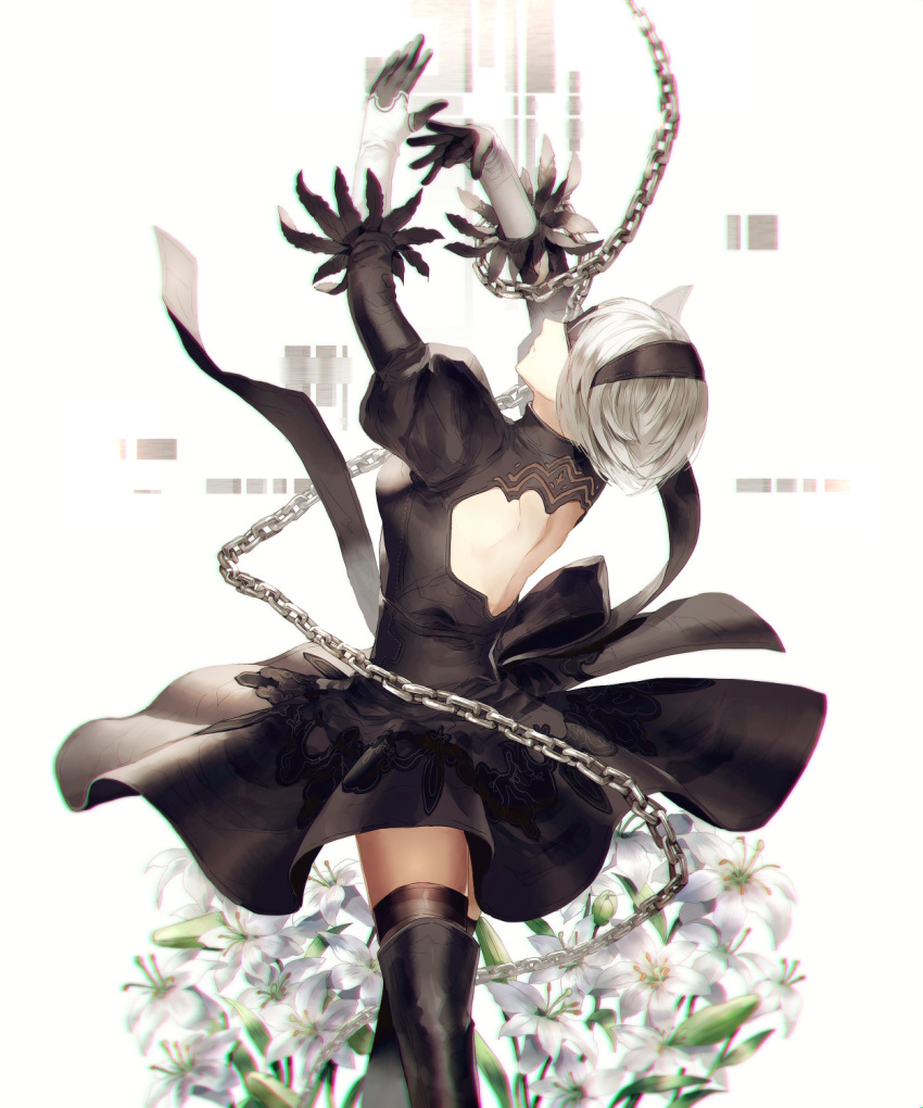 1girl arms_up back_cutout black_boots black_dress black_hairband blindfold boots breasts chains closed_mouth covered_eyes cowboy_shot dress feather-trimmed_sleeves flower from_behind hairband highres juliet_sleeves long_sleeves looking_up medium_breasts nier_(series) nier_automata puffy_sleeves silver_hair solo sunakumo thigh-highs thigh_boots thighhighs_under_boots vambraces yorha_no._2_type_b