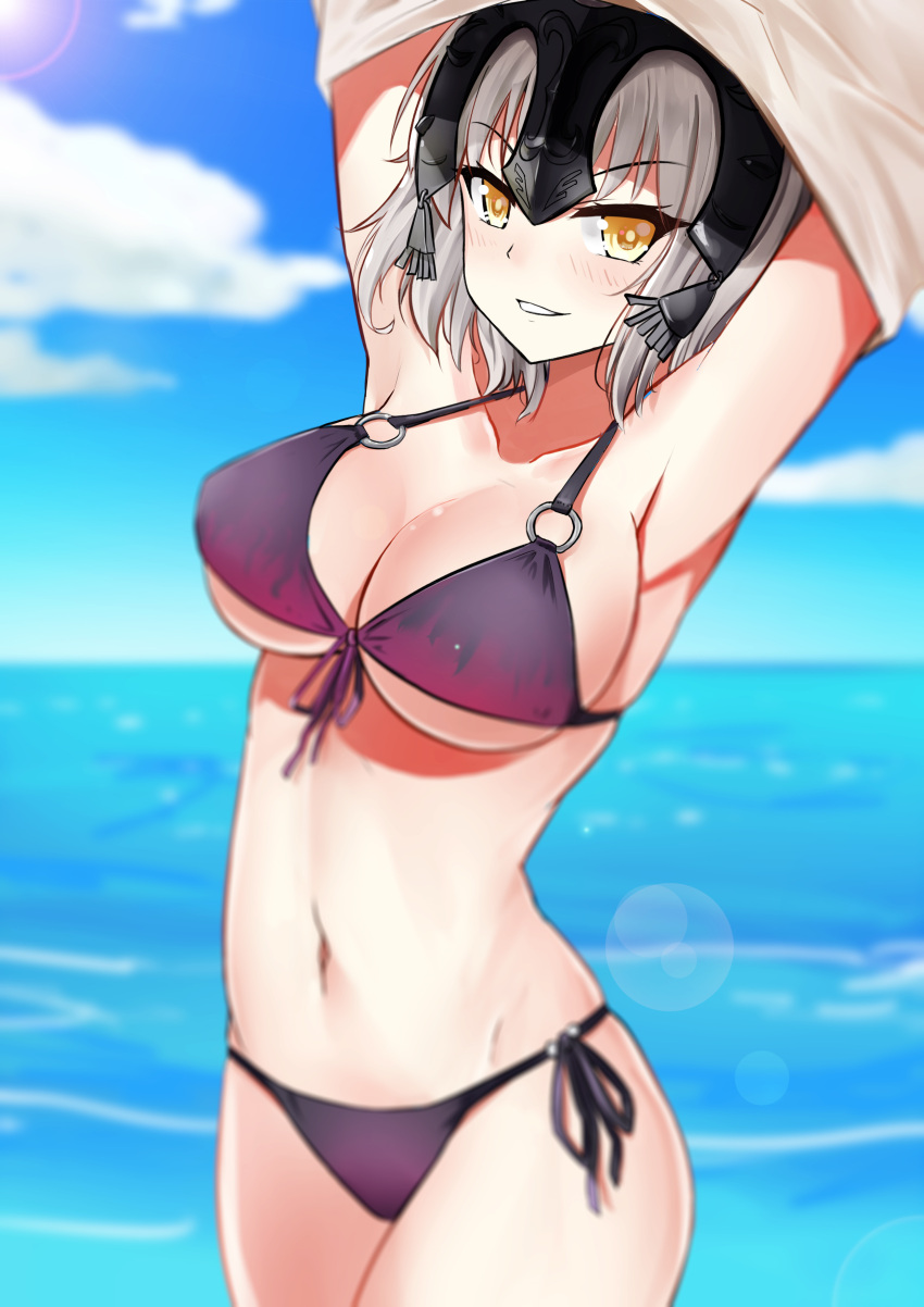 1girl absurdres beach bikini black_bikini breasts cowboy_shot fate/apocrypha fate/grand_order fate_(series) front-tie_top headpiece highres jeanne_alter jeanne_alter_(santa_lily)_(fate) looking_at_viewer medium_breasts o-ring_bikini ruler_(fate/apocrypha) side-tie_bikini silver_hair solo swimsuit undressing xiao_bing_qiaokeli yellow_eyes