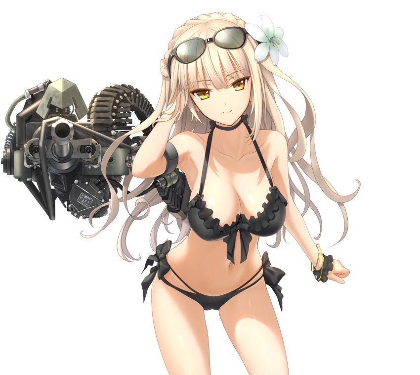 1girl autocannon bikini black_bikini bow_bikini bracelet braid breasts choker cleavage closed_mouth collarbone contrapposto cowboy_shot crown_braid eyebrows_visible_through_hair flower french_braid hair_flower hair_ornament hair_tucking halterneck hand_in_hair highres jewelry kawanakajima large_breasts leaning_forward light_brown_hair long_hair looking_at_viewer navel scrunchie simple_background smile sunglasses sunglasses_on_head swimsuit white_background wrist_scrunchie yellow_eyes