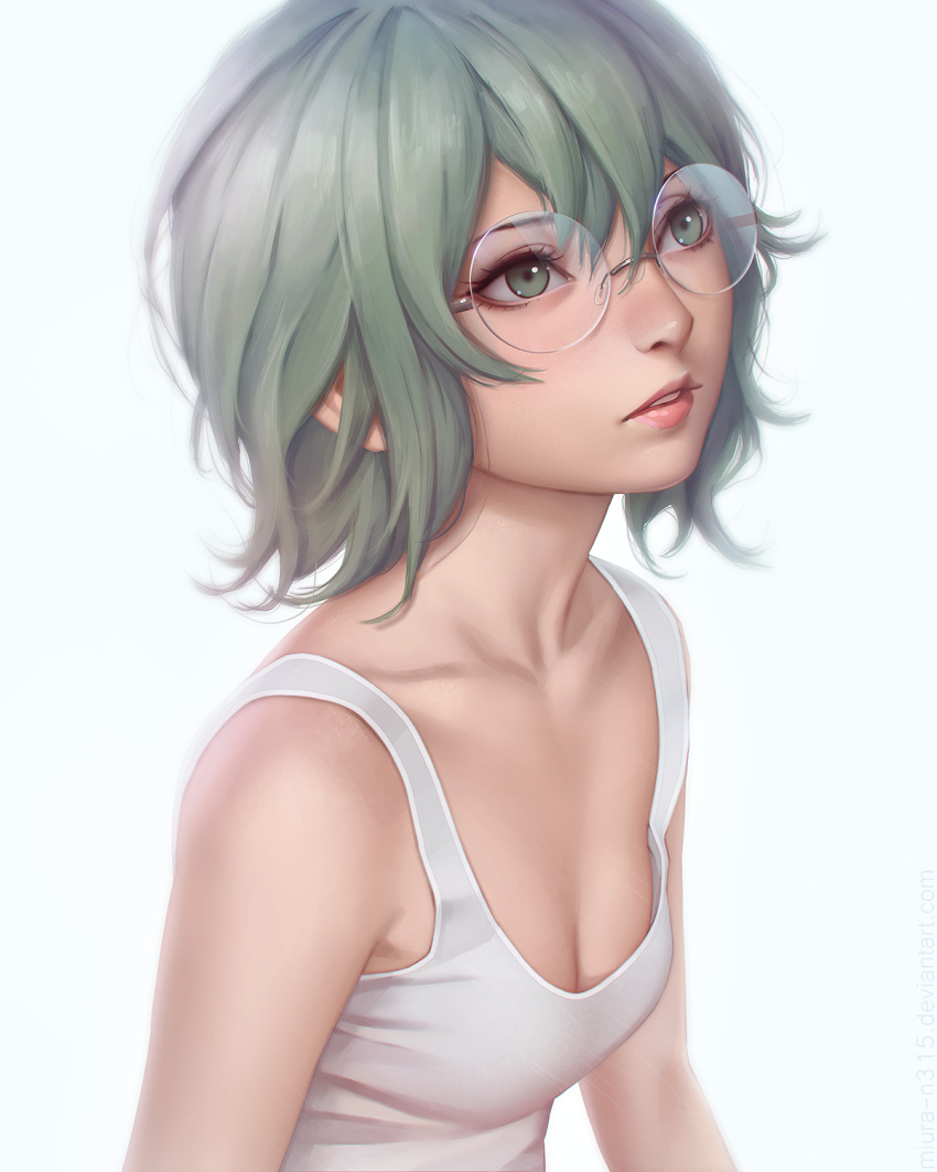 1girl aqua_eyes aqua_hair breasts character_request collarbone glasses highres lips looking_up miura-n315 parted_lips simple_background small_breasts solo white_background