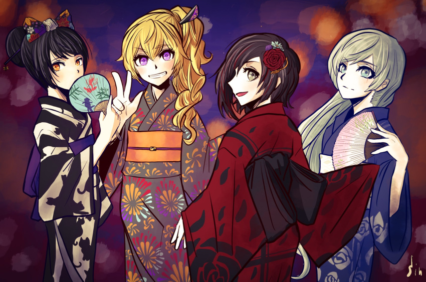 4girls blake_belladonna braiding_hair fan flower hair_down hair_flower hair_ornament hairdressing highres japanese_clothes kimono multiple_girls paper_fan ruby_rose rwby weiss_schnee yang_xiao_long