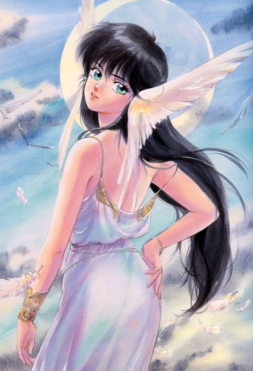 1girl 80s ayukawa_madoka bird blonde_hair bracelet bracer feathered_wings feathers full_moon green_eyes hand_on_hip head_wings highres japanese_clothes jewelry kimagure_orange_road long_hair looking_at_viewer looking_back moon official_art oldschool solo strap_slip takada_akemi traditional_media twisted_neck watercolor_(medium) wings