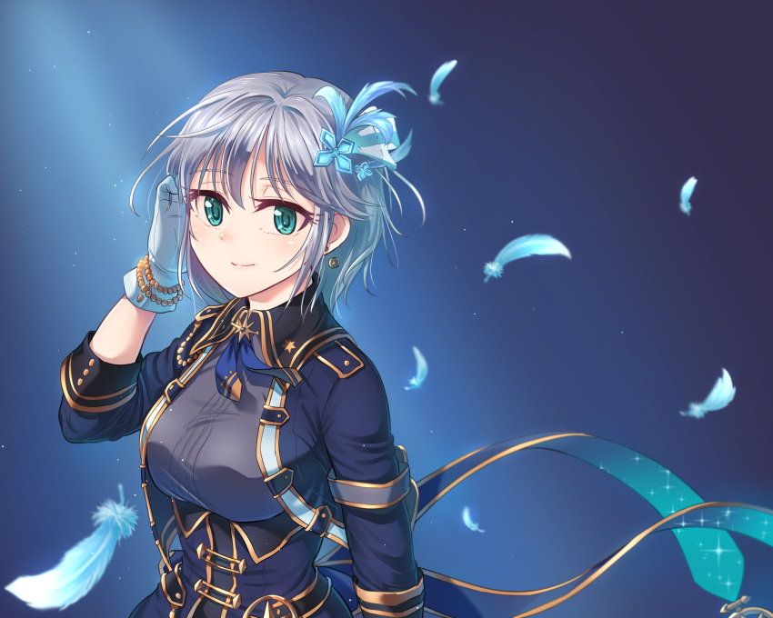 10s 1girl anastasia_(idolmaster) blush breasts closed_mouth earrings eyebrows_visible_through_hair feathers gloves green_eyes hair_ornament highres idolmaster idolmaster_cinderella_girls idolmaster_cinderella_girls_starlight_stage jewelry kamille_(vcx68) large_breasts looking_at_viewer short_hair silver_hair smile solo white_gloves