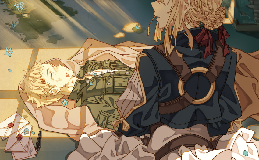 1boy 1girl blonde_hair blood blood_on_face bloody_hair braid character_request cheese_kang closed_eyes commentary_request envelope flower from_behind hair_ribbon letter long_hair lying on_back on_floor parted_lips pen petals profile revision ribbon seal short_hair silhouette spoilers sunlight violet_evergarden violet_evergarden_(character)