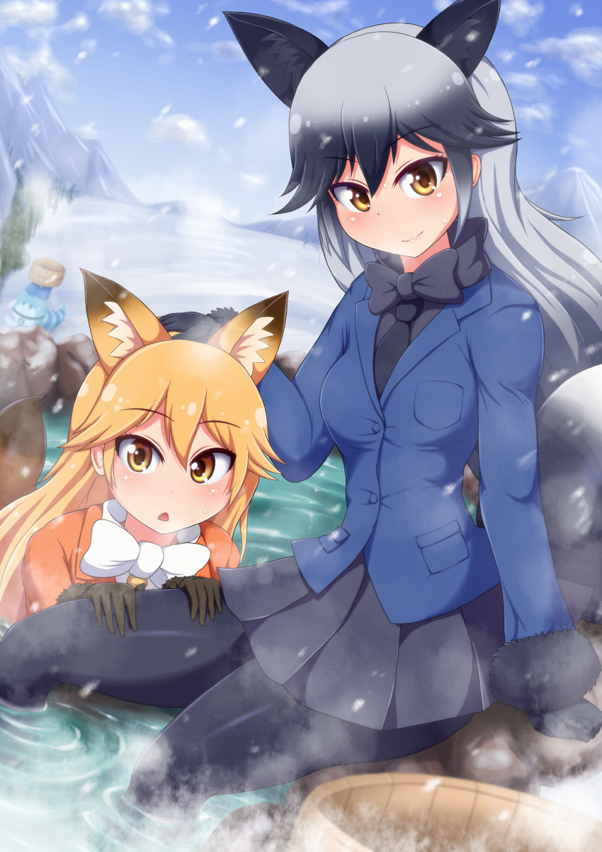 2girls animal_ears black_hair black_legwear blush closed_mouth eyebrows_visible_through_hair ezo_red_fox_(kemono_friends) fox_ears fox_tail highres kemono_friends long_hair looking_at_viewer multicolored_hair multiple_girls orange_eyes orange_hair pantyhose parted_lips ponpo silver_fox_(kemono_friends) smile tail two-tone_hair white_hair