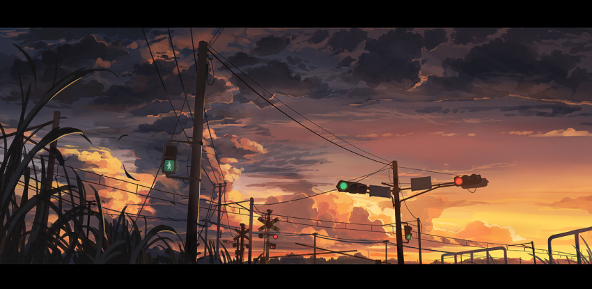 clouds cloudy_sky huanxiang_huifeng leaf letterboxed no_humans original outdoors pedestrian_lights power_lines railing railroad_crossing revision road_sign saltire scenery sign sky sunlight sunset telephone_pole traffic_light