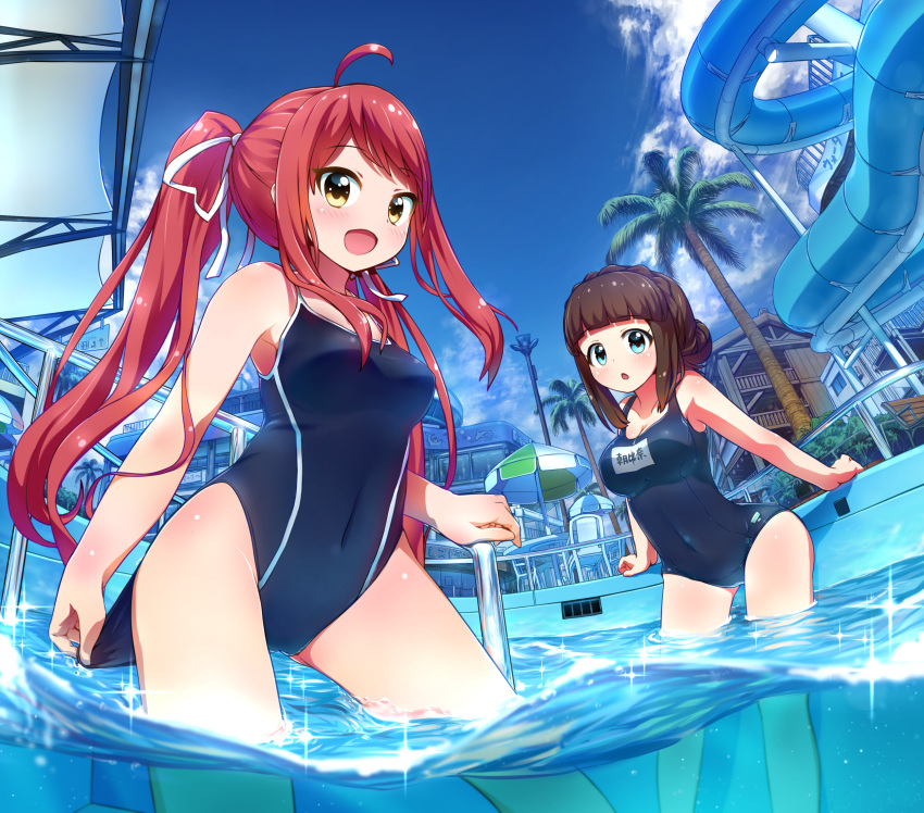 10s 2girls ahoge asahina_kokomi battle_girl_high_school blue_eyes brown_hair clouds competition_swimsuit cowboy_shot fisheye hair_bun hasumi_urara highres long_hair looking_at_viewer multiple_girls name_tag one-piece_swimsuit palm_tree pool_ladder redhead school_swimsuit sky swimsuit tamanegi_(12030028) tree twintails umbrella water water_slide yellow_eyes