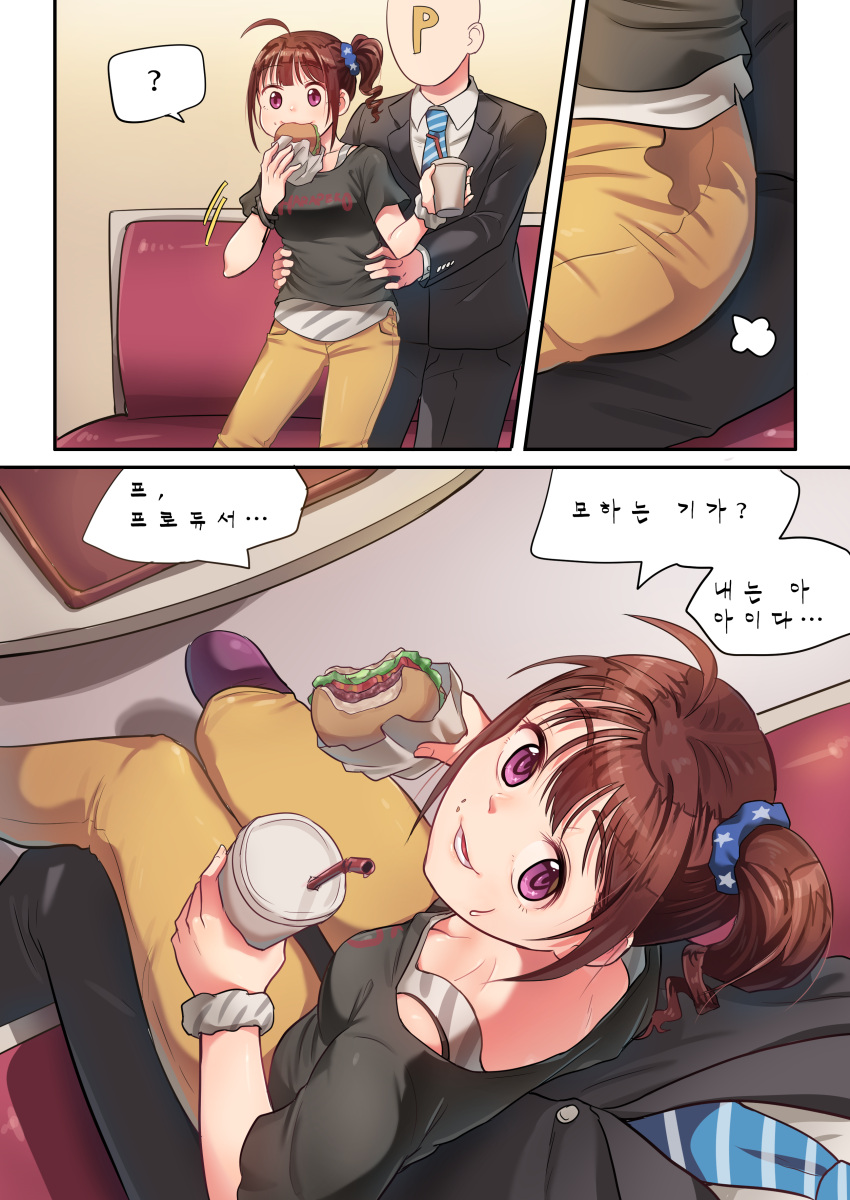 1boy 1girl absurdres ahoge blue_necktie blush bra_strap breasts brown_hair cleavage comic crumbs cup drill_hair drinking_cup drinking_straw eating food hamburger highres holding holding_cup holding_food idolmaster idolmaster_million_live! kamille_(vcx68) korean looking_at_another medium_breasts necktie parted_lips producer_(idolmaster) short_hair side_ponytail sitting smile speech_bubble translation_request violet_eyes yokoyama_nao