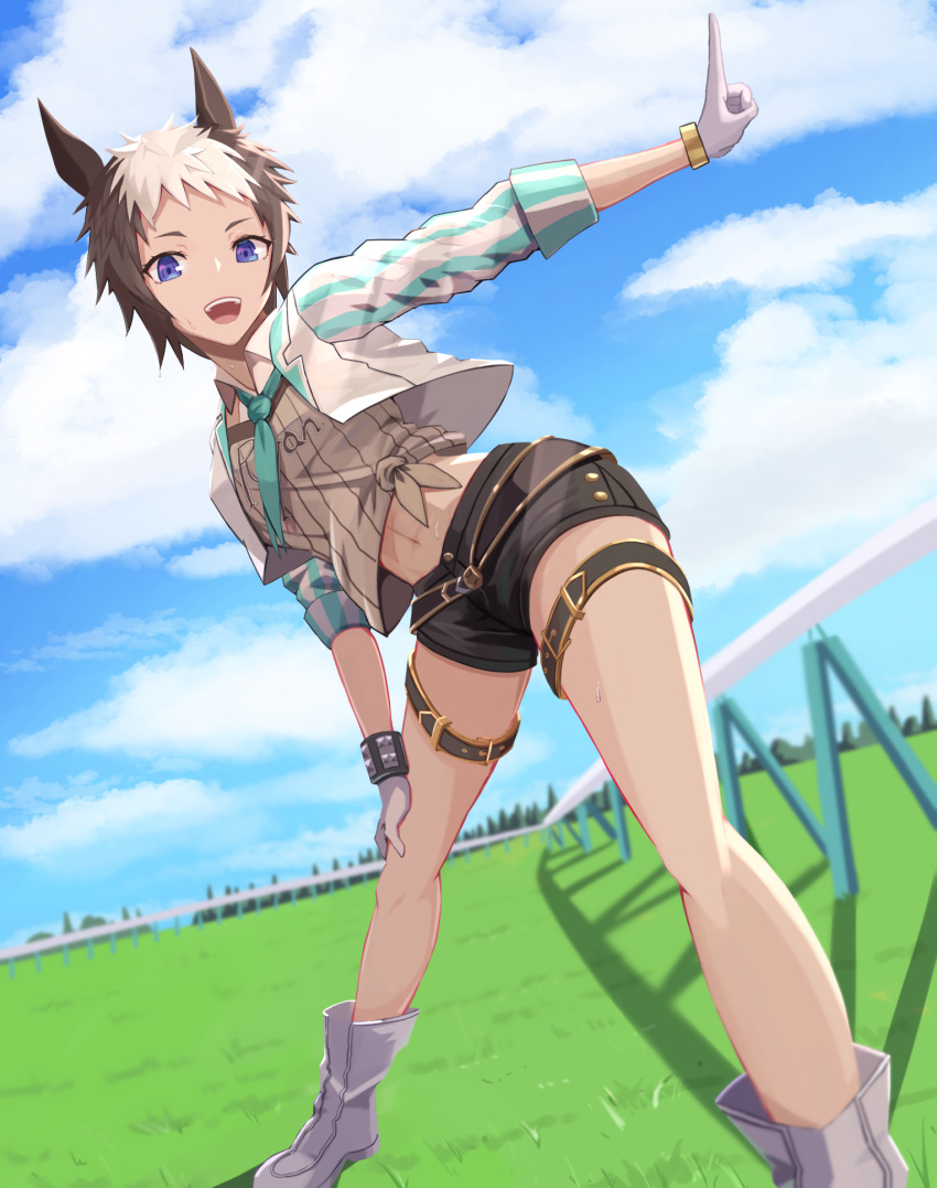 1girl :d animal_ears asymmetrical_gloves bangs blue_eyes blue_necktie blue_neckwear blue_sky blurry blurry_background blush boots clear_sky clouds collared_shirt full_body gloves grass grey_shirt hand_on_own_knee highres horse_ears horse_girl hurdle index_finger_raised jacket knees long_sleeves looking_at_viewer madori_(madori151) mejiro_ryan_(umamusume) multicolored_hair navel necktie open_mouth outdoors outstretched_arm shirt short_hair sky sleeves_rolled_up smile solo spread_legs standing stomach sweatdrop teeth thigh_strap thighs tongue two-tone_hair umamusume upper_teeth white_footwear white_gloves white_hair white_jacket wing_collar