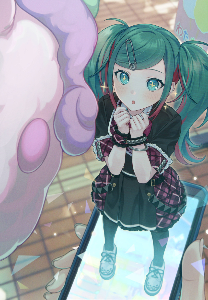 +_+ 1girl :o absurdres bangs belt blue_hair blush brick_floor cotton_candy frilled_sleeves frilled_wristband frills from_above hair_ornament hairclip hatsune_miku highres holding holding_phone hologram leo/need_(project_sekai) long_hair looking_up minigirl multicolored_hair open_mouth pantyhose parted_bangs phone pink_hair plaid plaid_skirt plaid_wrist_cuffs project_sekai safety_pin shoes short_sleeves single_wrist_cuff skirt sneakers solo_focus sparkle sparkling_eyes studded_bracelet twintails two-tone_hair vocaloid vs0mr wrist_cuffs