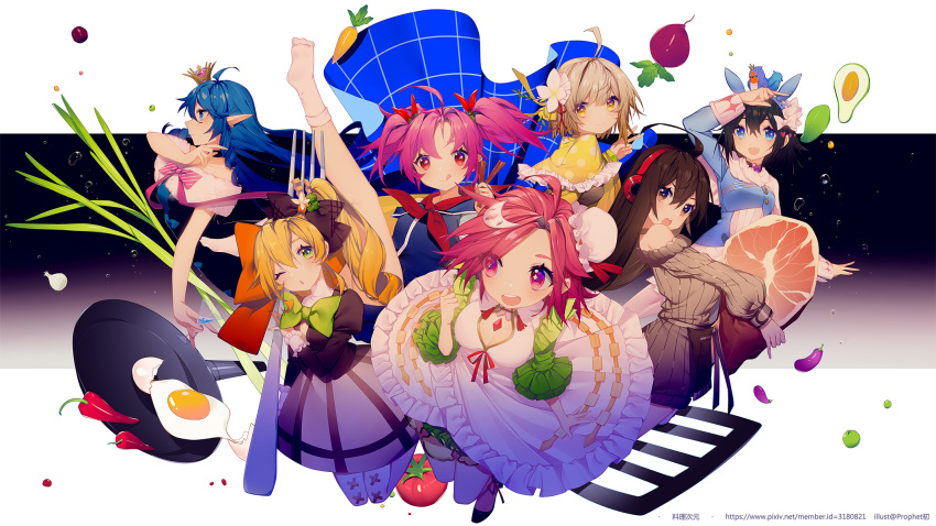 6+girls ahoge arm_up black_hair blonde_hair blue_eyes blue_hair blush bow breasts brown_hair bun_cover character_request cleavage copyright_request fork frying_pan green_bow headphones highres large_breasts long_hair long_sleeves looking_at_another looking_at_viewer looking_away multiple_girls official_art open_mouth pink_hair pointy_ears prophet_chu short_hair short_twintails smile sunny_side_up_egg twintails violet_eyes