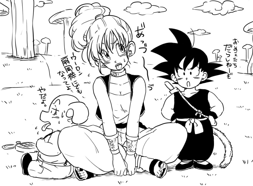 1girl 2boys age_difference black_eyes black_hair bulma clouds dougi dragon_ball egyptian_clothes eyebrows_visible_through_hair frown hand_on_hip legs_crossed looking_at_another looking_up monochrome multiple_boys nyoibo oolong open_mouth pig ponytail radar sandals short_hair sitting son_gokuu spiky_hair suspenders sweat sweatdrop tail tkgsize tongue tongue_out translation_request waistcoat wristband