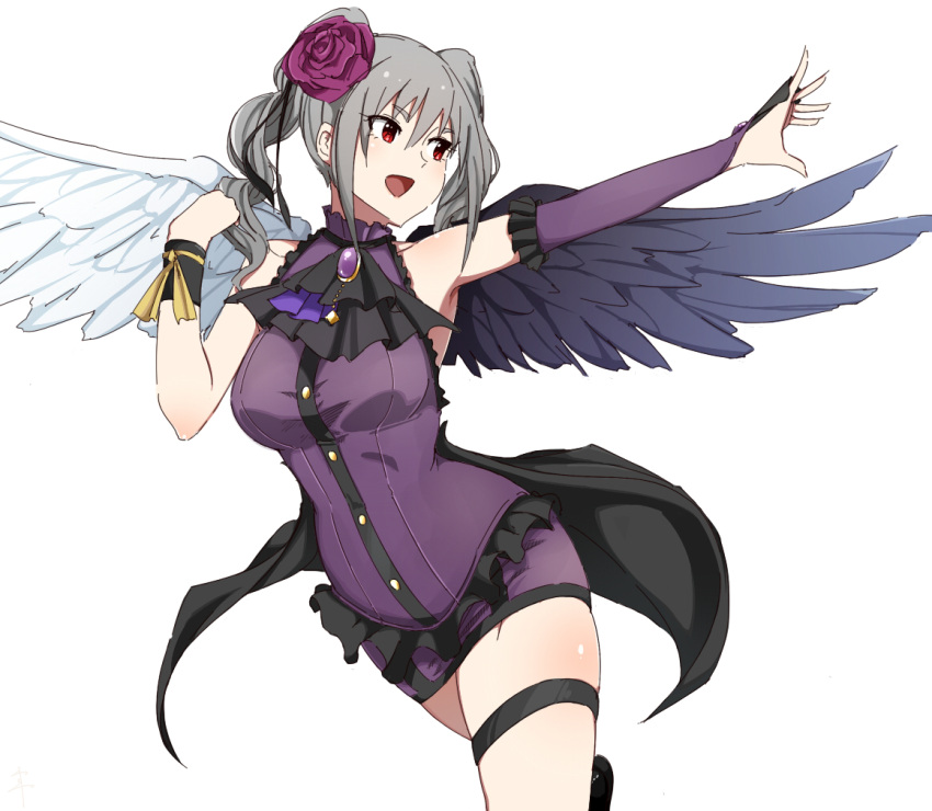 10s 1girl :d armpit_peek asymmetrical_wings bangs bare_shoulders breasts commentary_request cowboy_shot elbow_gloves feathered_wings flower gloves green_hair hair_flower hair_ornament idolmaster idolmaster_cinderella_girls kanzaki_ranko large_breasts legband medium_hair open_mouth outstretched_arm red_eyes red_rose rose rosenburg_engel sente simple_background skindentation smile solo twintails white_background wings