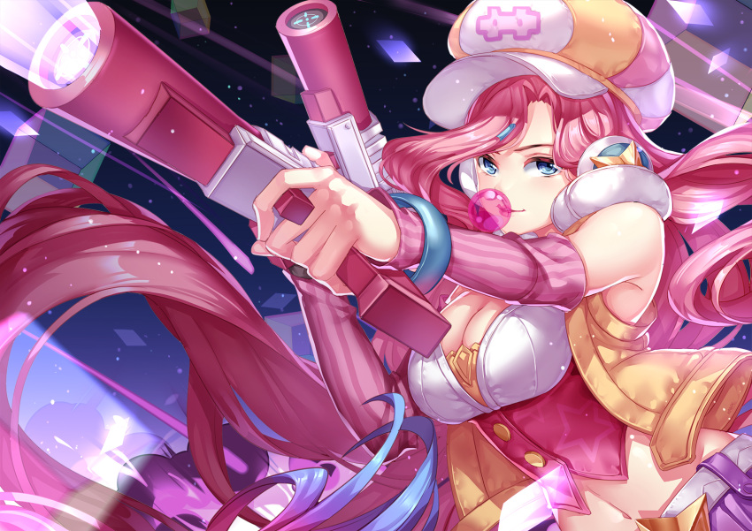 1girl blue_eyes breasts bubble_blowing chewing_gum cleavage dual_wielding gun hat highres holding holding_gun holding_weapon kan_(rainconan) large_breasts league_of_legends long_hair looking_at_viewer navel parted_lips pink_hair sarah_fortune solo weapon