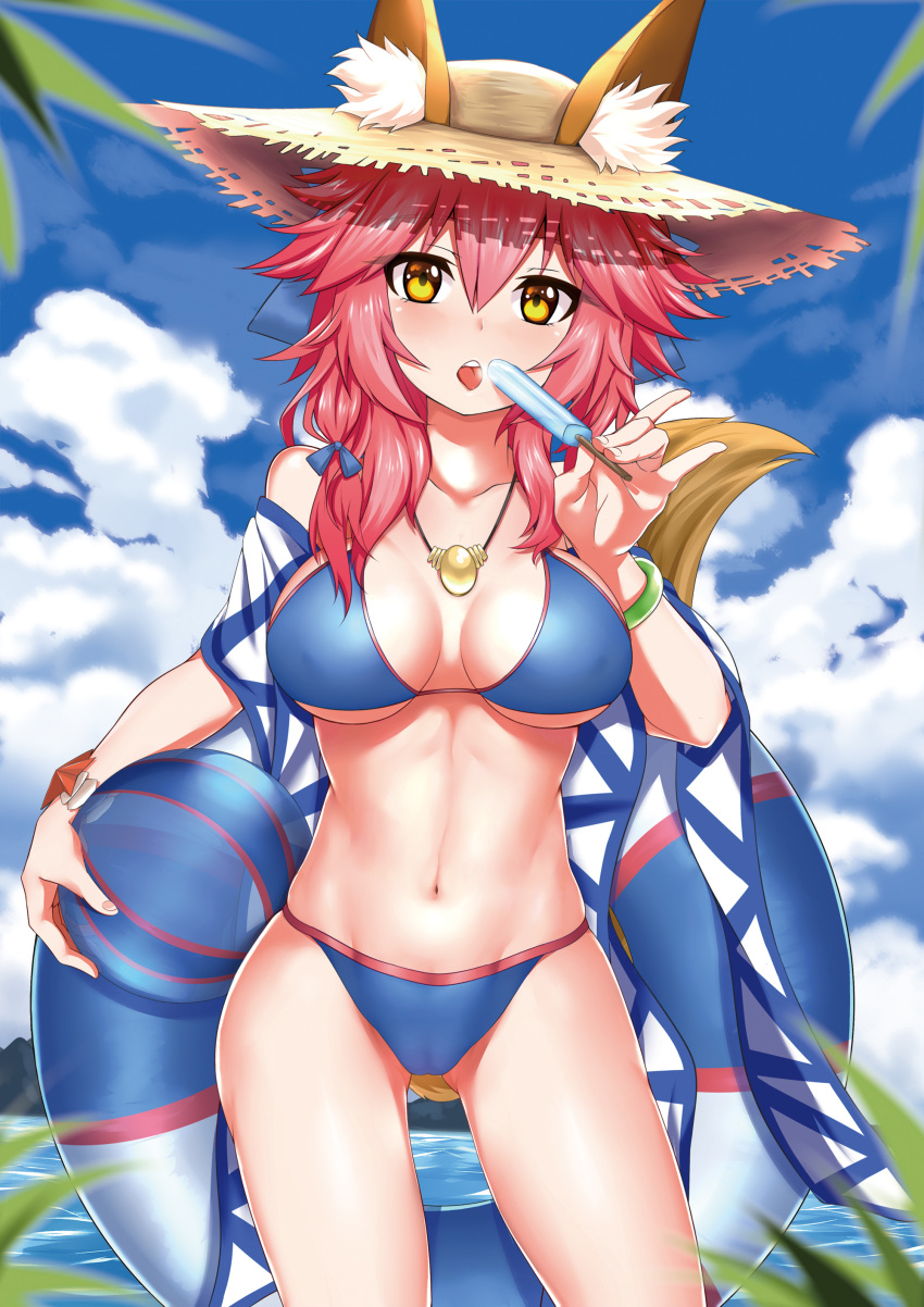 1girl absurdres animal_ears blue_bow blue_ribbon blush bow breasts caibao cleavage collarbone eyebrows_visible_through_hair fate/grand_order fate_(series) food fox_ears fox_tail hair_bow hair_ribbon hat highres innertube jewelry large_breasts looking_at_viewer navel necklace parted_lips pink_hair popsicle ribbon solo swimsuit tail tamamo_(fate)_(all) tamamo_no_mae_(swimsuit_lancer)_(fate) teeth tongue tongue_out yellow_eyes