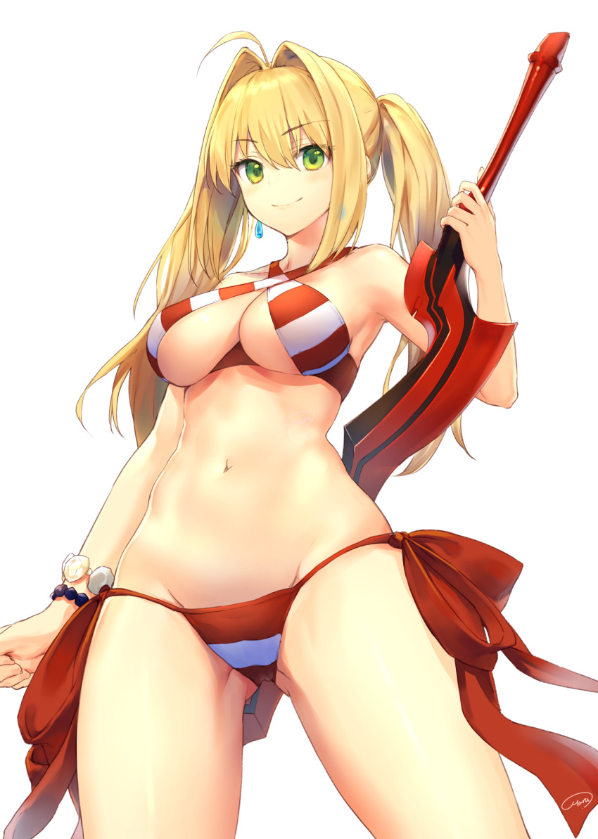 1girl ahoge ato_(haru_ato) bikini bracelet breasts closed_mouth cowboy_shot criss-cross_halter earrings fate/grand_order fate_(series) gluteal_fold green_eyes groin hair_between_eyes hair_intakes halterneck highres jewelry long_hair medium_breasts navel nero_claudius_(swimsuit_caster)_(fate) side-tie_bikini sidelocks simple_background smile solo striped striped_bikini swimsuit twintails under_boob white_background