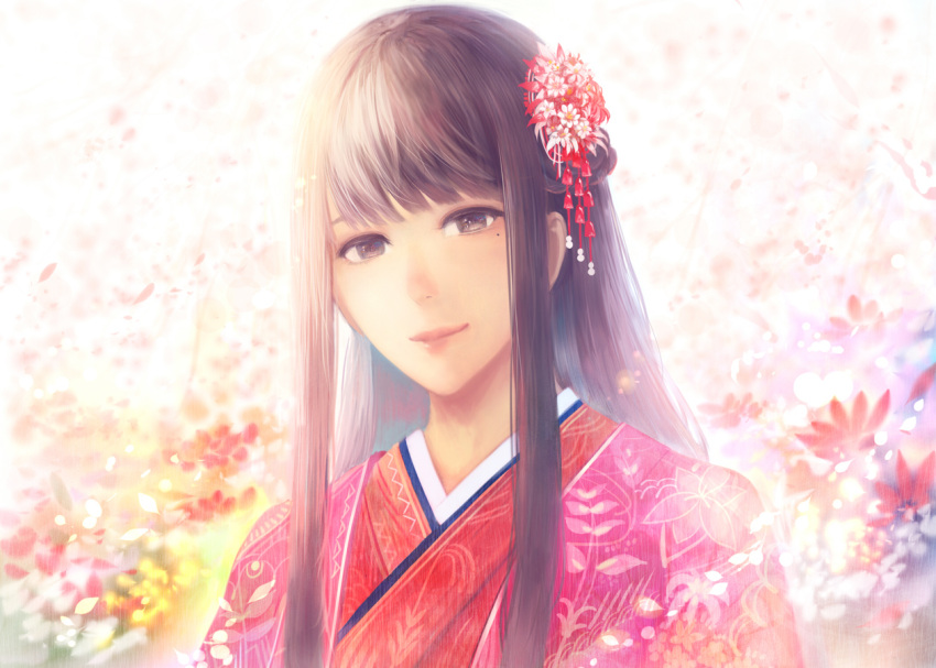 1girl bangs character_request chihayafuru commentary_request floral_print flower hair_flower hair_ornament japanese_clothes kimono light_smile long_hair looking_at_viewer mole mole_under_eye red_kimono sakimori_(hououbds) smile solo