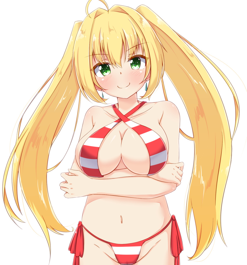 1girl ahoge blonde_hair blush breasts cleavage closed_mouth earrings eyebrows_visible_through_hair fate/grand_order fate_(series) green_eyes highres jewelry large_breasts long_hair looking_at_viewer navel nero_claudius_(swimsuit_caster)_(fate) niku114514810 saber_extra smile solo twintails