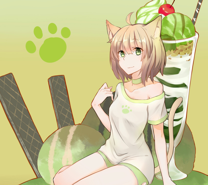 1girl a479098236 ahoge animal_ears breasts brown_hair cat_ears cat_tail collarbone cup drinking_glass eyebrows_visible_through_hair green_eyes highres looking_at_viewer medium_breasts original paw_print short_hair sitting smile solo tail