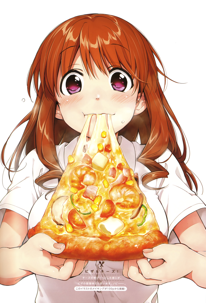 1girl :t artist_name bell_pepper blush breasts brown_hair cheese_trail dress_shirt eating food highres holding holding_food holding_pizza kawai_makoto koufuku_graffiti large_breasts machiko_ryou meat official_art pepper pink_eyes pizza shirt short_sleeves shrimp slice_of_pizza solo tomato upper_body watermark white_background