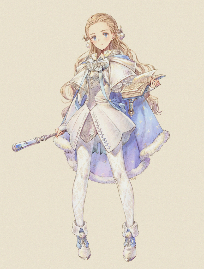 1girl blonde_hair blue_cape blue_eyes book boots cape closed_mouth commentary_request dress expressionless eyelashes floral_print footwear_ribbon frilled_sleeves frills full_body fur-trimmed_cape fur_trim hair_ornament highres holding holding_book holding_wand laurel_crown layered_sleeves light_blush long_hair long_sleeves looking_at_viewer moryo open_book original pantyhose pom_pom_(clothes) pom_pom_hair_ornament ribbon ribbon-trimmed_sleeves ribbon_trim short_over_long_sleeves short_sleeves simple_background sleeves_past_wrists solo wand white_dress white_footwear white_pantyhose white_ribbon white_sleeves yellow_background