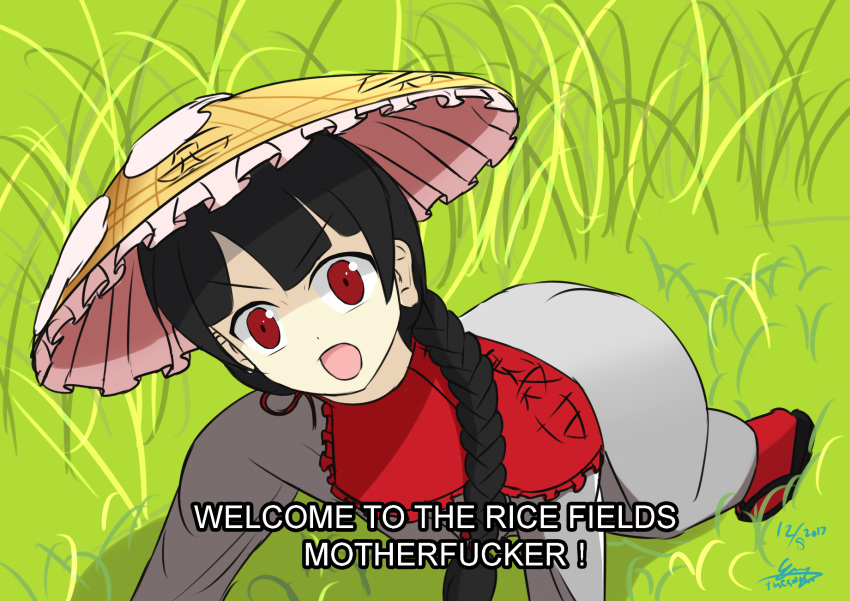 ajirogasa black_hair braid cape coat earlobes grass grey_coat hat highres looking_at_viewer meme on_ground open_mouth parody profanity red_cape red_eyes solo text the_suddeno touhou yatadera_narumi