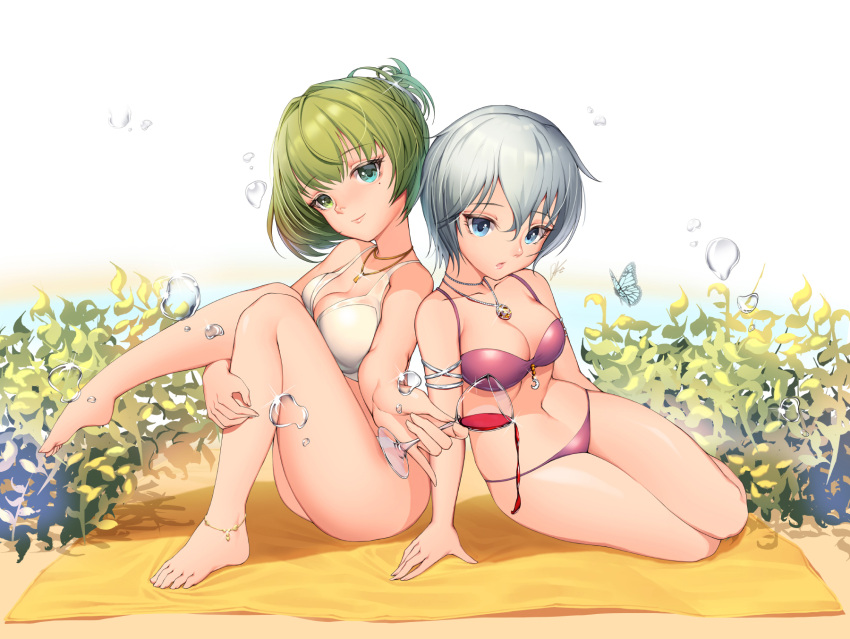 10s 2girls anastasia_(idolmaster) blue_eyes blush breasts butterfly cleavage collarbone green_eyes green_hair heterochromia highres idolmaster idolmaster_cinderella_girls idolmaster_cinderella_girls_starlight_stage jewelry large_breasts lee_seok_ho mole mole_under_eye multiple_girls navel necklace parted_lips short_hair silver_hair sitting smile swimsuit takagaki_kaede water_drop