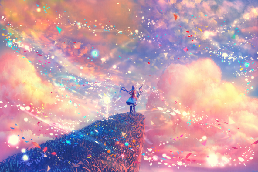 1girl black_legwear blue_skirt braid cliff clouds cloudy_sky colorful commentary_request day from_behind grass holding holding_staff long_hair magic original red_shirt sakimori_(hououbds) scenery shirt skirt sky solo staff standing thigh-highs twin_braids